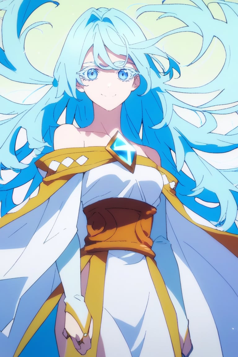 score_9, score_8_up, score_7_up, score_6_up, score_5_up, score_4_up, anime screencapBREAKelfaria_olis, 1girl, solo, light blue hair, long hair, colored eyelashes, blue eyes, chest jewel, off-shoulder dress, yellow sash, side cape, bridal gauntlets, pelvic curtain, looking at viewer, smile, closed mouth, upper bodyBREAKwind, wind lift, elfaria_olis,score_9,score_8_up,score_7_up,source_anime