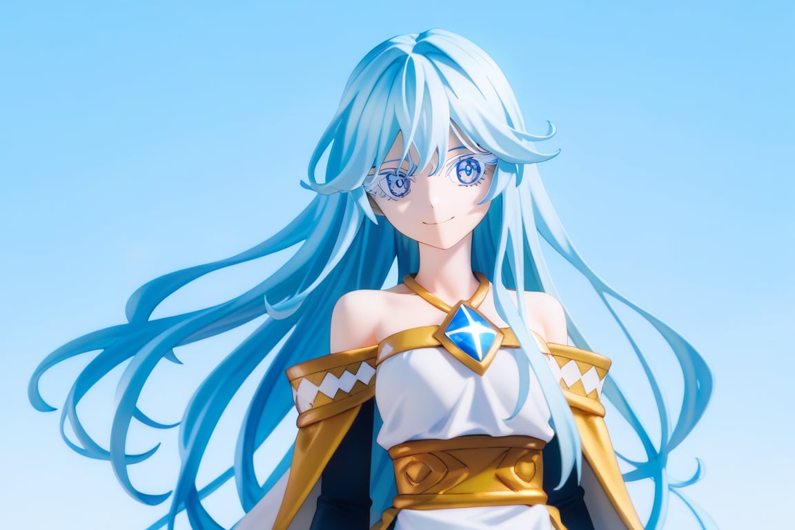 score_9, score_8_up, score_7_up, score_6_up, score_5_up, score_4_up, anime screencapBREAKelfaria_olis, 1girl, solo, light blue hair, long hair, colored eyelashes, blue eyes, chest jewel, off-shoulder dress, yellow sash, side cape, bridal gauntlets, pelvic curtain, looking at viewer, smile, closed mouth, upper bodyBREAKwind, wind lift, elfaria_olis,score_9,score_8_up,score_7_up,source_anime