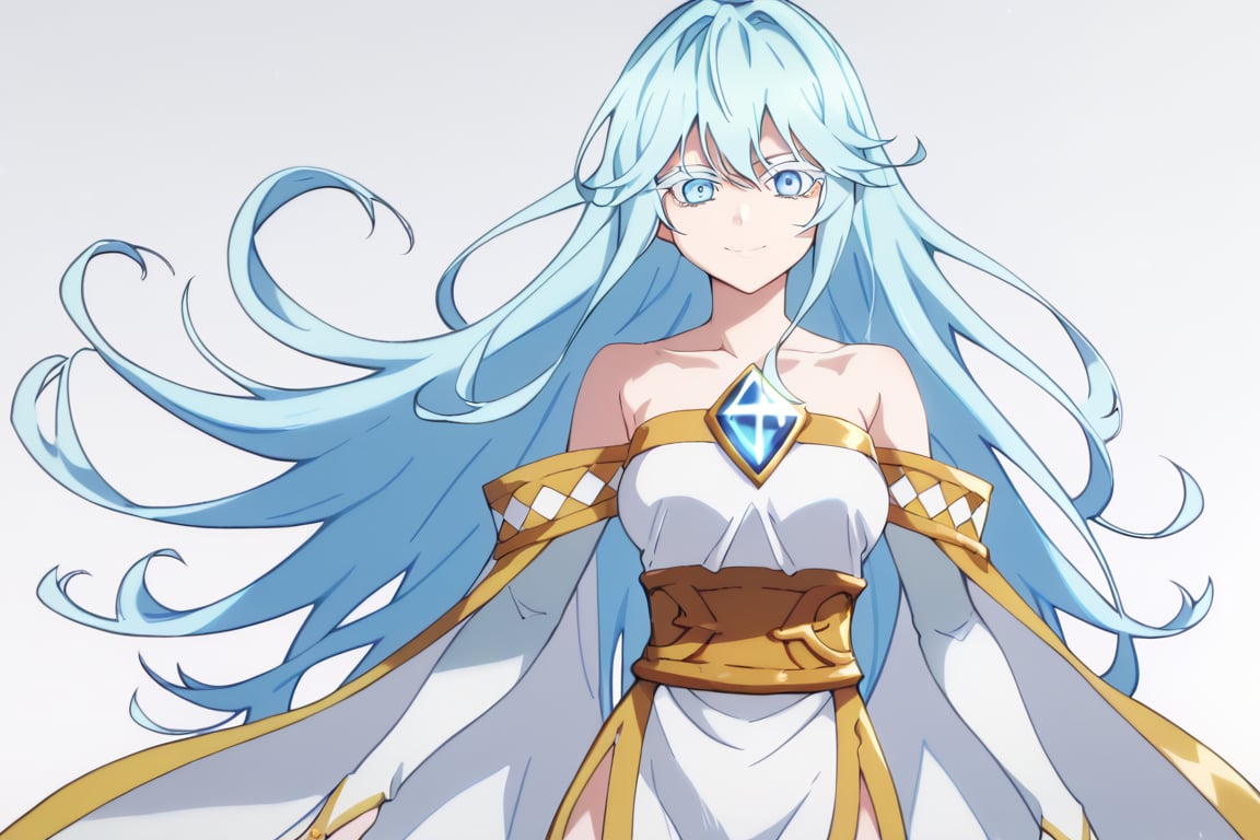 score_9, score_8_up, score_7_up, score_6_up, score_5_up, score_4_up, anime screencapBREAKelfaria_olis, 1girl, solo, light blue hair, long hair, colored eyelashes, blue eyes, chest jewel, off-shoulder dress, yellow sash, side cape, bridal gauntlets, pelvic curtain, looking at viewer, smile, closed mouth, upper bodyBREAKwind, wind lift, elfaria_olis