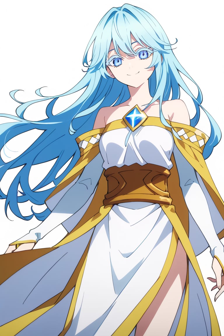 score_9, score_8_up, score_7_up, score_6_up, score_5_up, score_4_up, anime screencapBREAKelfaria_olis, 1girl, solo, light blue hair, long hair, colored eyelashes, blue eyes, chest jewel, off-shoulder dress, yellow sash, side cape, bridal gauntlets, pelvic curtain, looking at viewer, smile, closed mouth, upper bodyBREAKwind, wind lift, elfaria_olis,


,(( white background, blank background))