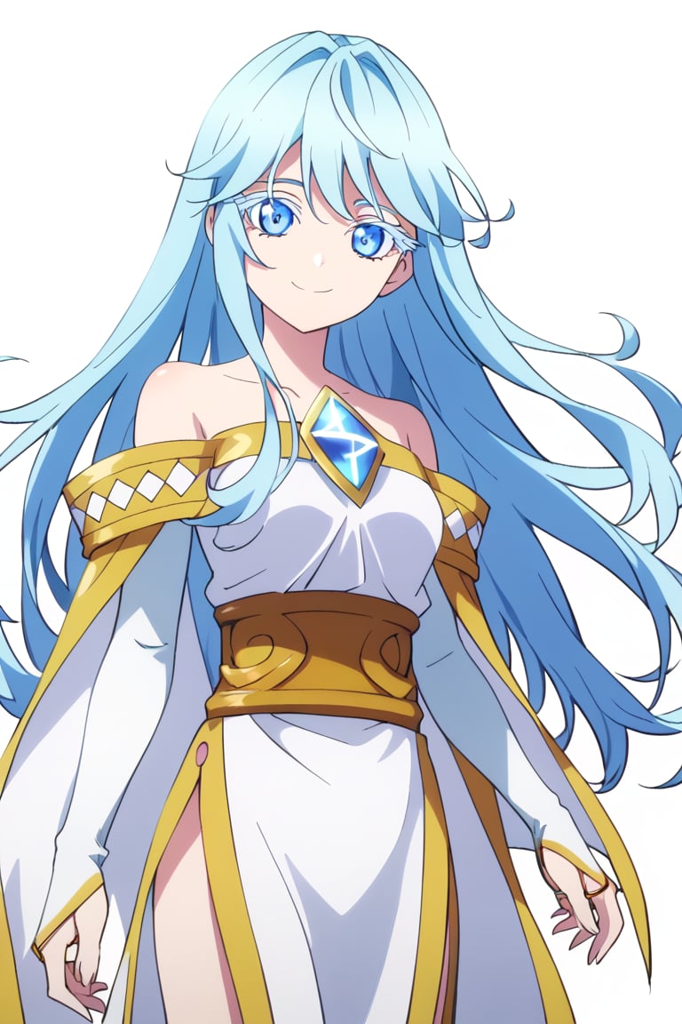 score_9, score_8_up, score_7_up, score_6_up, score_5_up, score_4_up, anime screencapBREAKelfaria_olis, 1girl, solo, light blue hair, long hair, colored eyelashes, blue eyes, chest jewel, off-shoulder dress, yellow sash, side cape, bridal gauntlets, pelvic curtain, looking at viewer, smile, closed mouth, upper bodyBREAKwind, wind lift, elfaria_olis,


,(( white background, blank background))