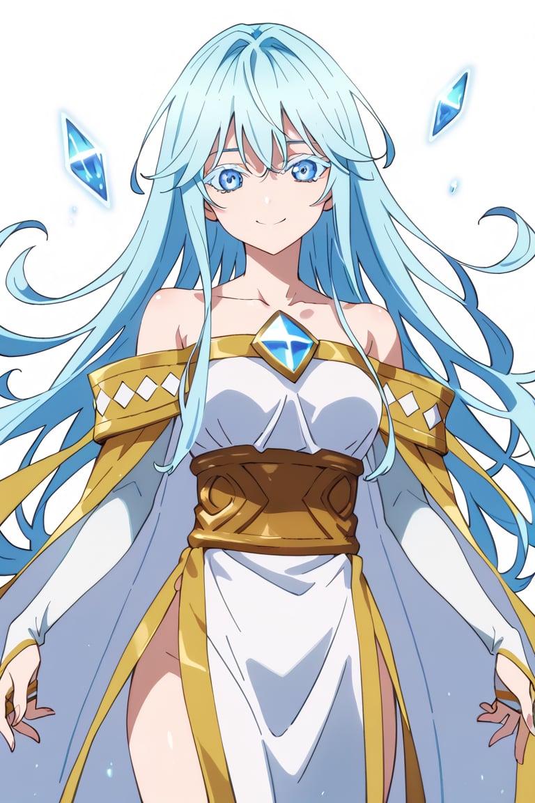 score_9, score_8_up, score_7_up, score_6_up, score_5_up, score_4_up, anime screencapBREAKelfaria_olis, 1girl, solo, light blue hair, long hair, colored eyelashes, blue eyes, chest jewel, off-shoulder dress, yellow sash, side cape, bridal gauntlets, pelvic curtain, looking at viewer, smile, closed mouth, upper bodyBREAKwind, wind lift, elfaria_olis