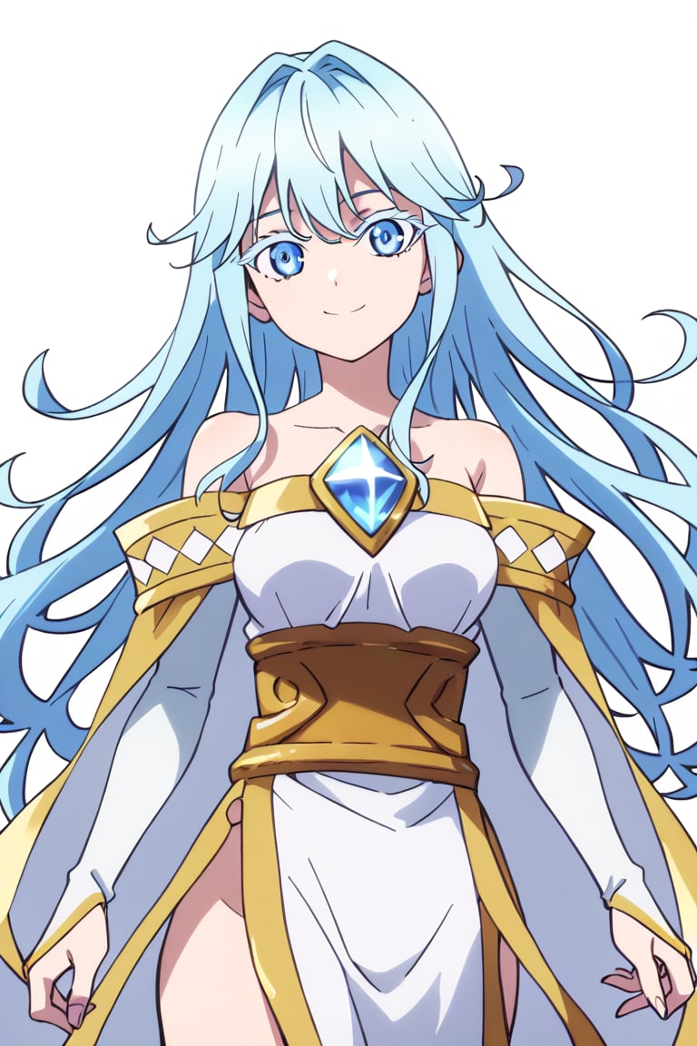 score_9, score_8_up, score_7_up, score_6_up, score_5_up, score_4_up, anime screencapBREAKelfaria_olis, 1girl, solo, light blue hair, long hair, colored eyelashes, blue eyes, chest jewel, off-shoulder dress, yellow sash, side cape, bridal gauntlets, pelvic curtain, looking at viewer, smile, closed mouth, upper bodyBREAKwind, wind lift, elfaria_olis