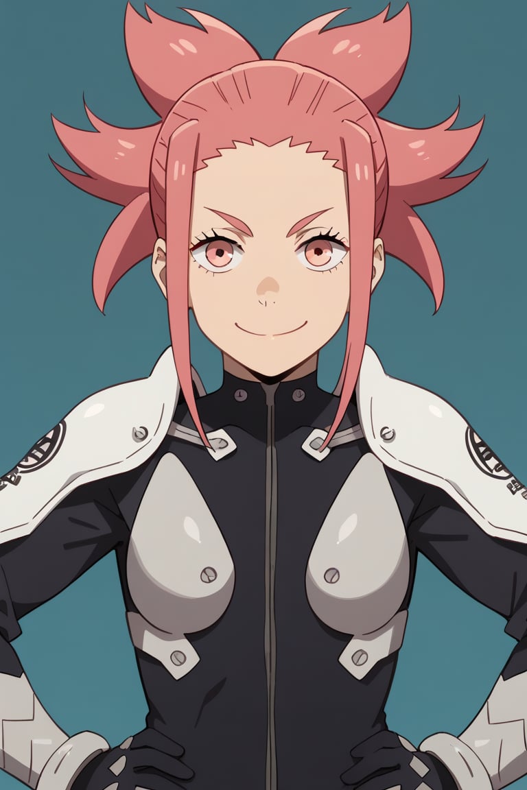 (looking at viewer, smile, closed mouth, hands on own hips),   taenakanoshima, pink hair, ponytail, pink eyes, black bodysuit, armor, black gloves, shoulder armor, 16k, masterpiece, absurdes, highly detailed, highres, high quality, best quality, score_9, score_8_up, score_7_up, score_6_up