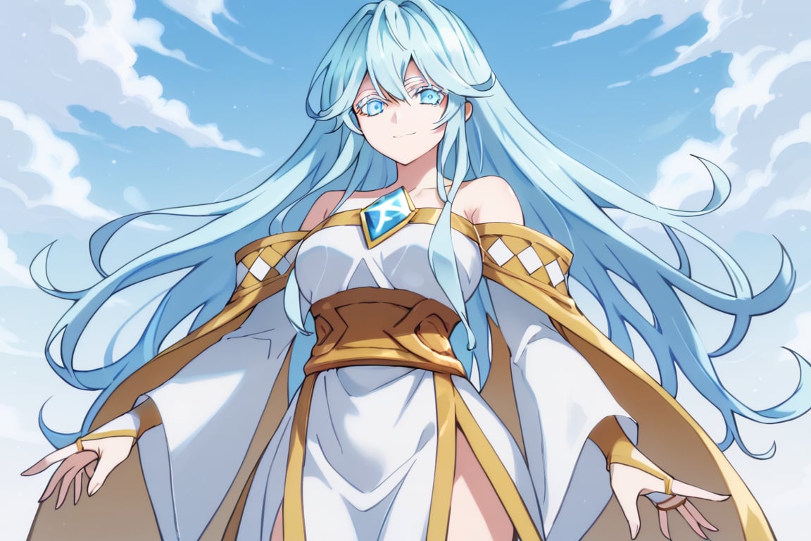 score_9, score_8_up, score_7_up, score_6_up, score_5_up, score_4_up, anime screencapBREAKelfaria_olis, 1girl, solo, light blue hair, long hair, colored eyelashes, blue eyes, chest jewel, off-shoulder dress, yellow sash, side cape, bridal gauntlets, pelvic curtain, looking at viewer, smile, closed mouth, upper bodyBREAKwind, wind lift, elfaria_olis