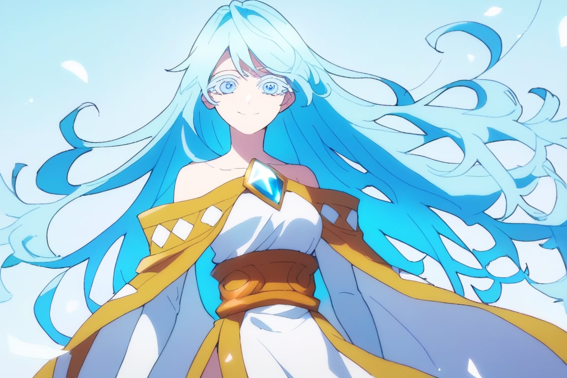 score_9, score_8_up, score_7_up, score_6_up, score_5_up, score_4_up, anime screencapBREAKelfaria_olis, 1girl, solo, light blue hair, long hair, colored eyelashes, blue eyes, chest jewel, off-shoulder dress, yellow sash, side cape, bridal gauntlets, pelvic curtain, looking at viewer, smile, closed mouth, upper bodyBREAKwind, wind lift, elfaria_olis,score_9,score_8_up,score_7_up,source_anime