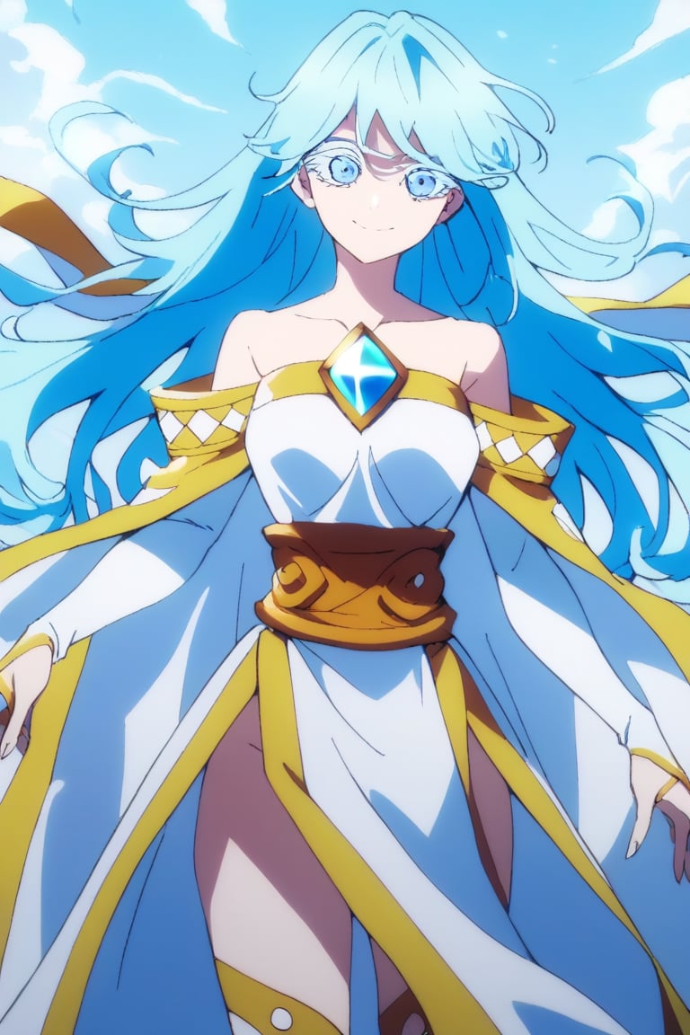 score_9, score_8_up, score_7_up, score_6_up, score_5_up, score_4_up, anime screencapBREAKelfaria_olis, 1girl, solo, light blue hair, long hair, colored eyelashes, blue eyes, chest jewel, off-shoulder dress, yellow sash, side cape, bridal gauntlets, pelvic curtain, looking at viewer, smile, closed mouth, upper bodyBREAKwind, wind lift, elfaria_olis,score_9,score_8_up,score_7_up,source_anime