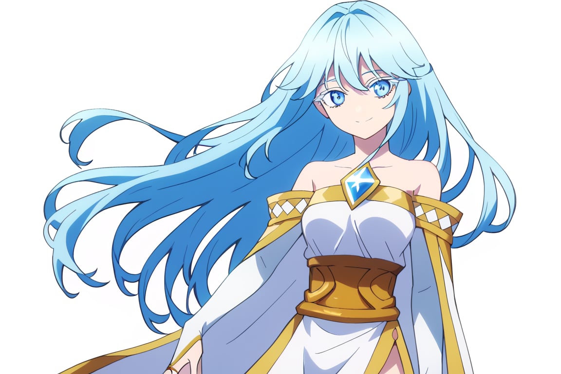 score_9, score_8_up, score_7_up, score_6_up, score_5_up, score_4_up, anime screencapBREAKelfaria_olis, 1girl, solo, light blue hair, long hair, colored eyelashes, blue eyes, chest jewel, off-shoulder dress, yellow sash, side cape, bridal gauntlets, pelvic curtain, looking at viewer, smile, closed mouth, upper bodyBREAKwind, wind lift, elfaria_olis,


,(( white background, blank background))