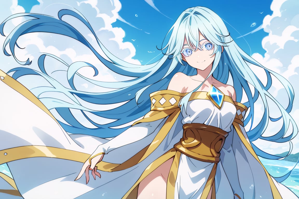 score_9, score_8_up, score_7_up, score_6_up, score_5_up, score_4_up, anime screencapBREAKelfaria_olis, 1girl, solo, light blue hair, long hair, colored eyelashes, blue eyes, chest jewel, off-shoulder dress, yellow sash, side cape, bridal gauntlets, pelvic curtain, looking at viewer, smile, closed mouth, upper bodyBREAKwind, wind lift, elfaria_olis