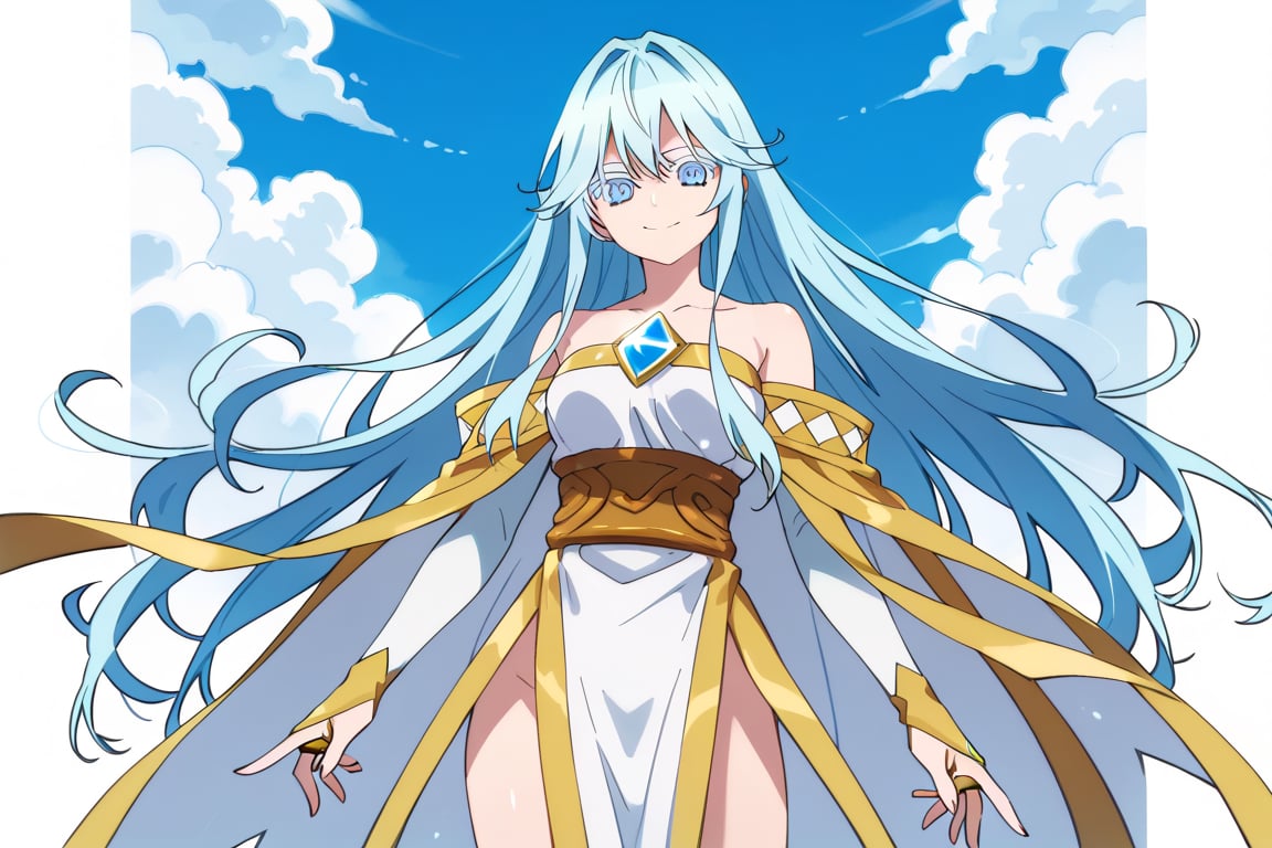 score_9, score_8_up, score_7_up, score_6_up, score_5_up, score_4_up, anime screencapBREAKelfaria_olis, 1girl, solo, light blue hair, long hair, colored eyelashes, blue eyes, chest jewel, off-shoulder dress, yellow sash, side cape, bridal gauntlets, pelvic curtain, looking at viewer, smile, closed mouth, upper bodyBREAKwind, wind lift, elfaria_olis