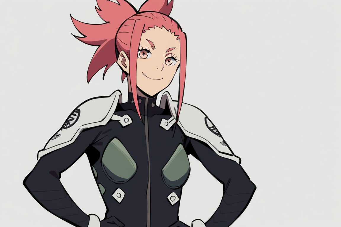 (looking at viewer, smile, closed mouth, hands on own hips),   taenakanoshima, pink hair, ponytail, pink eyes, black bodysuit, armor, black gloves, shoulder armor, 16k, masterpiece, absurdes, highly detailed, highres, high quality, best quality, score_9, score_8_up, score_7_up, score_6_up