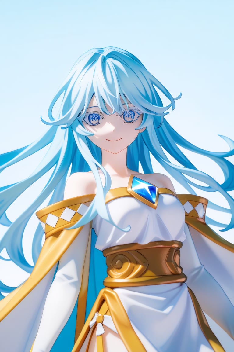 score_9, score_8_up, score_7_up, score_6_up, score_5_up, score_4_up, anime screencapBREAKelfaria_olis, 1girl, solo, light blue hair, long hair, colored eyelashes, blue eyes, chest jewel, off-shoulder dress, yellow sash, side cape, bridal gauntlets, pelvic curtain, looking at viewer, smile, closed mouth, upper bodyBREAKwind, wind lift, elfaria_olis,score_9,score_8_up,score_7_up,source_anime