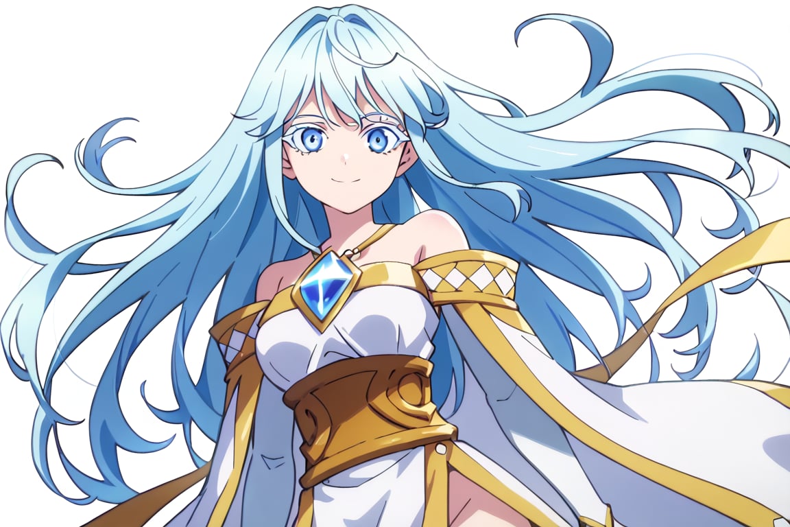 score_9, score_8_up, score_7_up, score_6_up, score_5_up, score_4_up, anime screencapBREAKelfaria_olis, 1girl, solo, light blue hair, long hair, colored eyelashes, blue eyes, chest jewel, off-shoulder dress, yellow sash, side cape, bridal gauntlets, pelvic curtain, looking at viewer, smile, closed mouth, upper bodyBREAKwind, wind lift, elfaria_olis