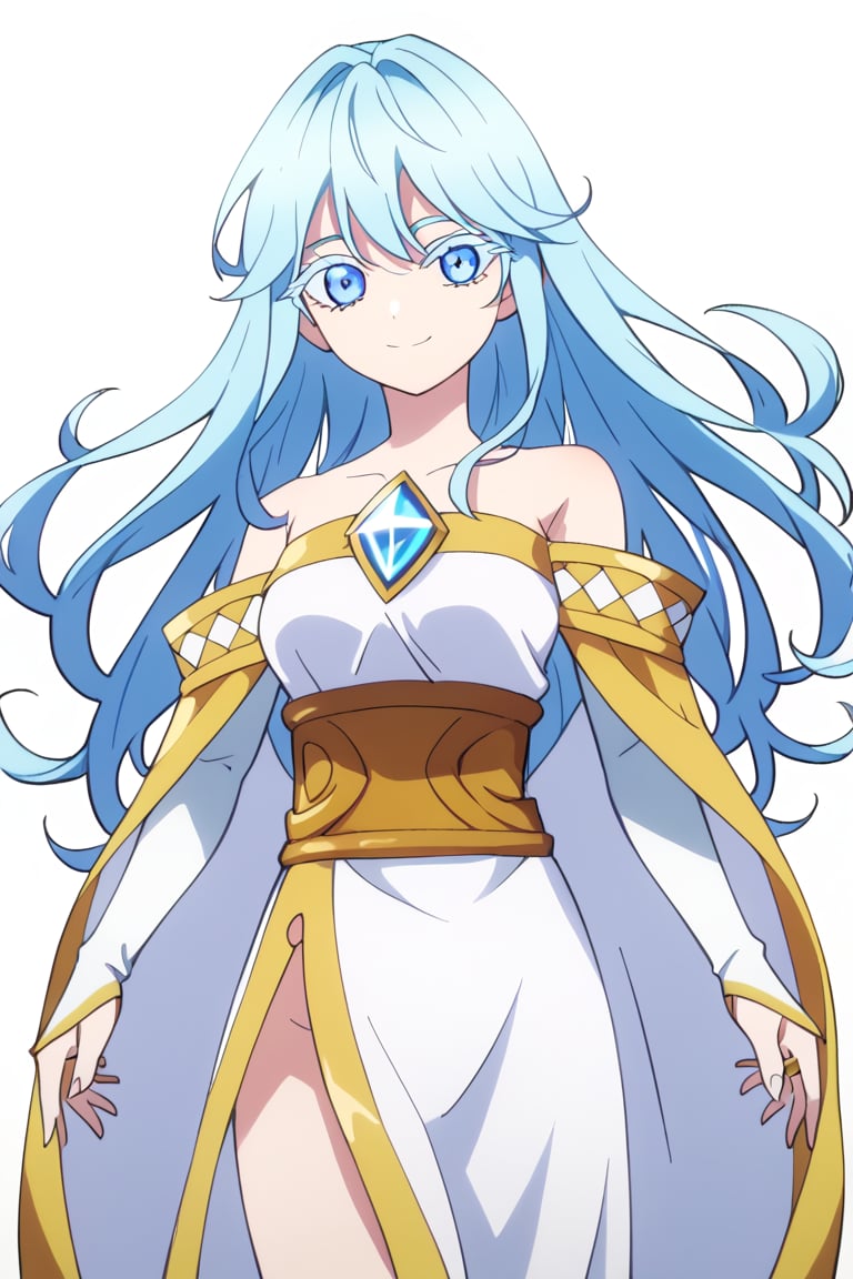 score_9, score_8_up, score_7_up, score_6_up, score_5_up, score_4_up, anime screencapBREAKelfaria_olis, 1girl, solo, light blue hair, long hair, colored eyelashes, blue eyes, chest jewel, off-shoulder dress, yellow sash, side cape, bridal gauntlets, pelvic curtain, looking at viewer, smile, closed mouth, upper bodyBREAKwind, wind lift, elfaria_olis,


,(( white background, blank background))