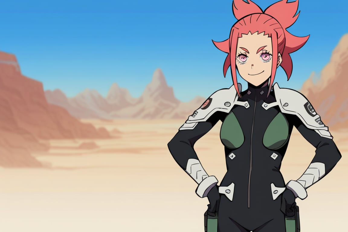 (looking at viewer, smile, closed mouth, hands on own hips),   taenakanoshima, pink hair, ponytail, pink eyes, black bodysuit, armor, black gloves, shoulder armor, 16k, masterpiece, absurdes, highly detailed, highres, high quality, best quality, score_9, score_8_up, score_7_up, score_6_up