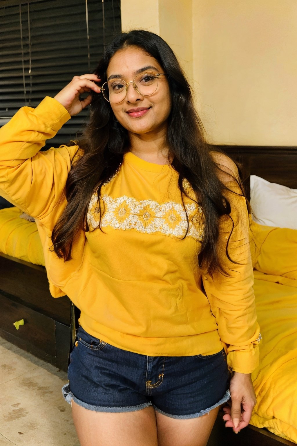 beautiful cute young attractive indian teenage girl, village girl, 50 years old, face wrinkels, Instagram model, long black_hair, colorful hair, warm, dacing, Wearing glasses ,in home, indian,wight top and yellow short pent, Standing in the bed room