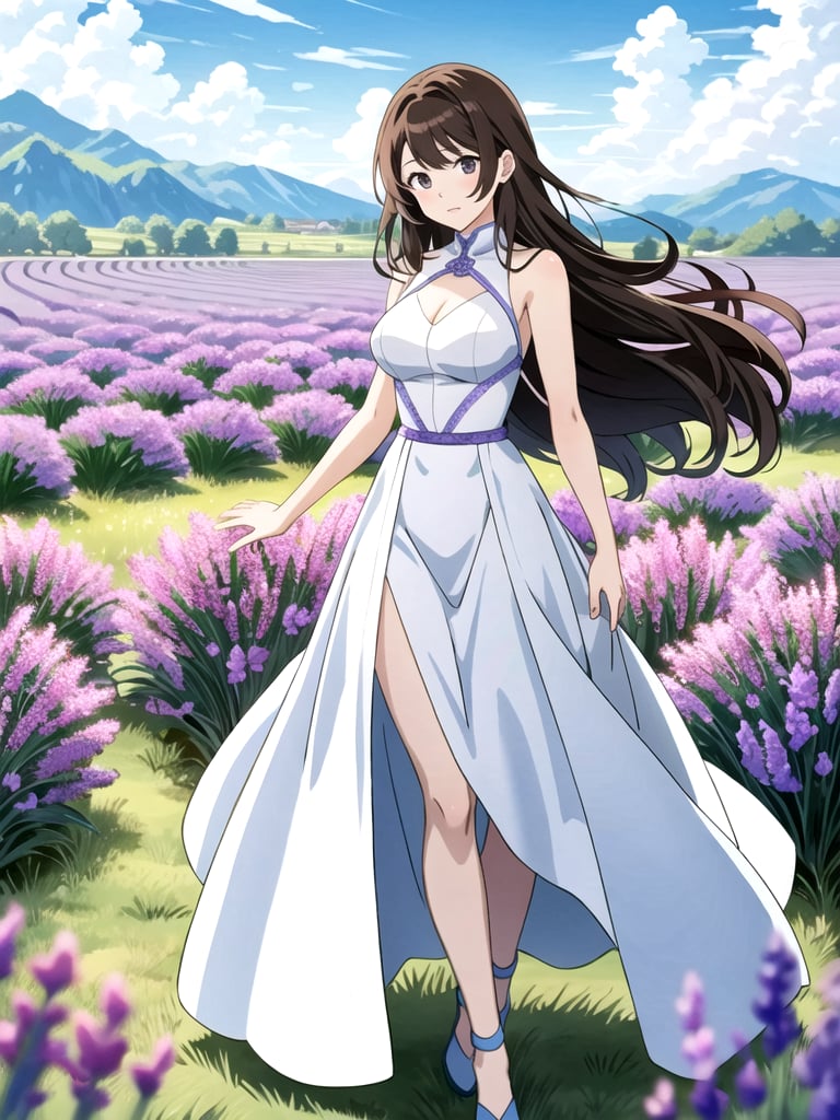 Anime style image with bright lighting, featuring a lavender field. Hourglass shape body,A Taiwanese girl with long brown hair is wearing a white long dress, standing gracefully among the blooming lavender flowers