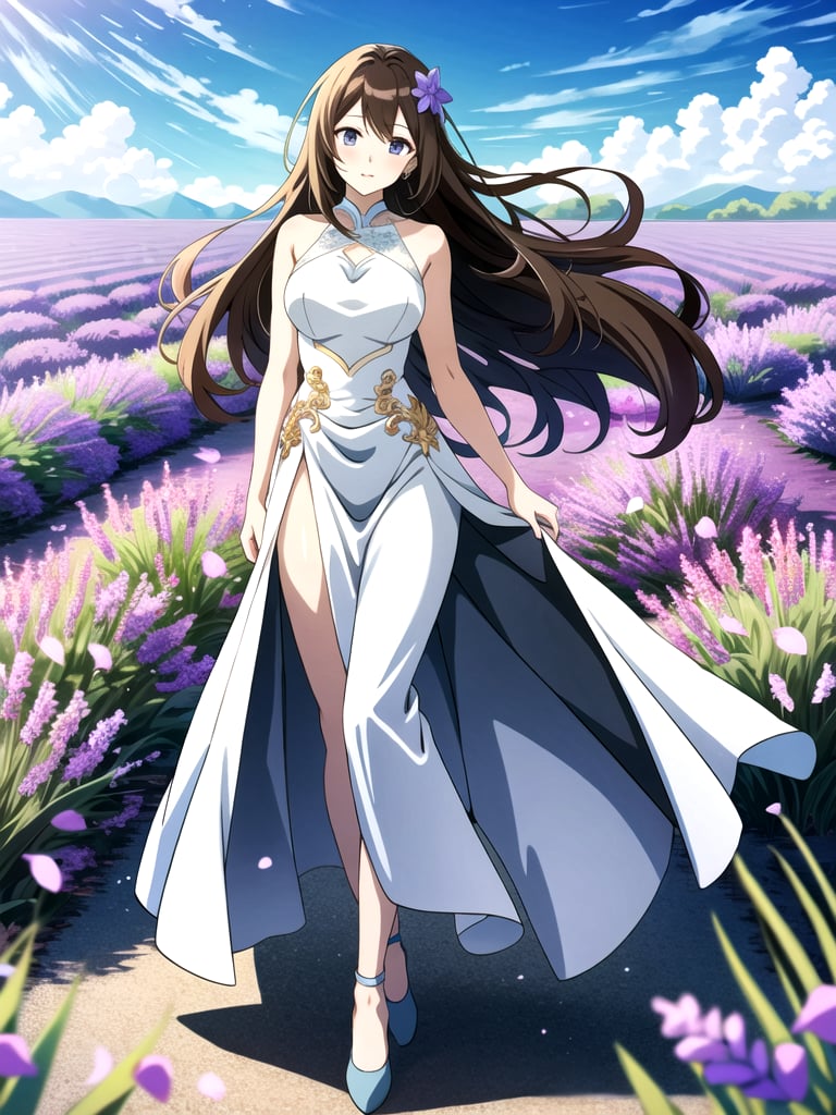 Anime style image with bright lighting, featuring a lavender field. Hourglass shape body,A Taiwanese girl with long brown hair is wearing a white long dress, standing gracefully among the blooming lavender flowers