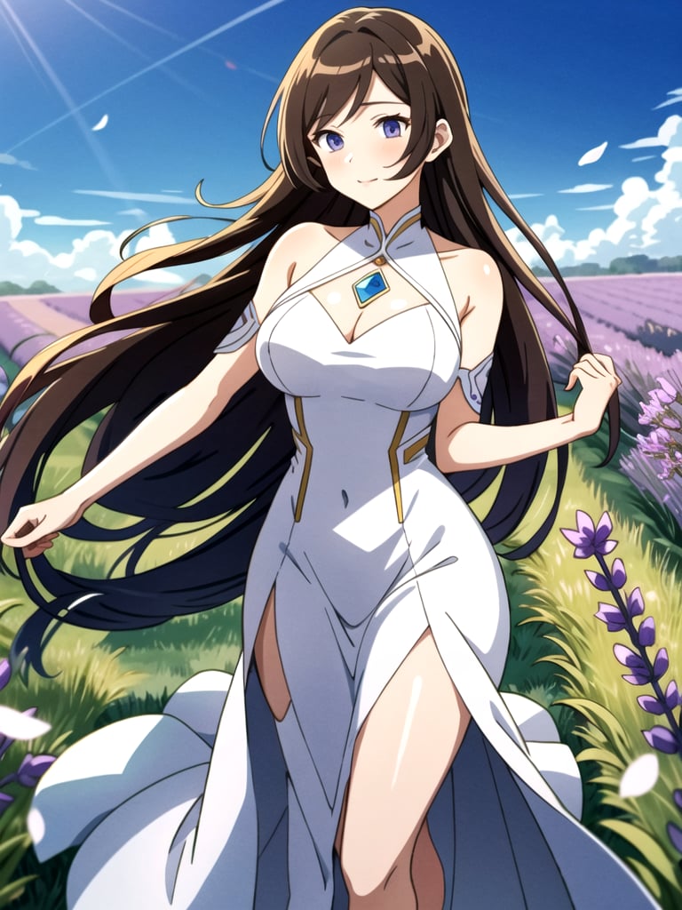 Anime style image with bright lighting, featuring a lavender field. Hourglass shape body,A Taiwanese girl with long brown hair is wearing a white long dress, standing gracefully among the blooming lavender flowers