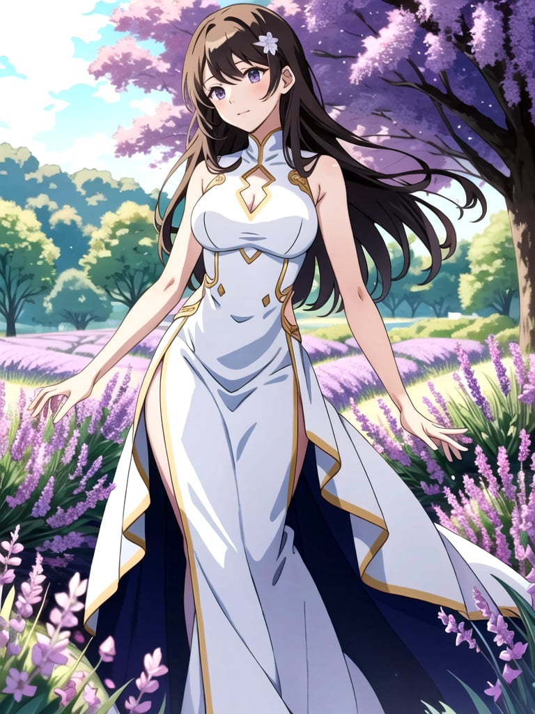 Anime style image with bright lighting, featuring a lavender field. Hourglass shape body,A Taiwanese girl with long brown hair is wearing a white long dress, standing gracefully among the blooming lavender flowers