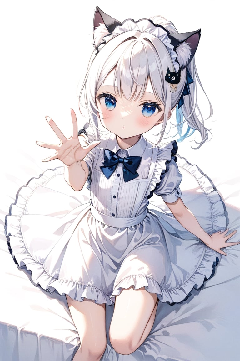 ((masterpiece)), ((best quality)), (ultra-detailed), ((kawaii)), cute, (lovely), anime style, full body, raise a hand, look down from above, full body focus, on the bed, a little girl, child, solo, maid, beautiful white hair, beautiful light blue eyes, ((beautiful eyes)), white-skinned, ponytail, cat ears, flat breast, tiny breast, slim, slender, hair ornaments, bowtie, blush, luminous effect