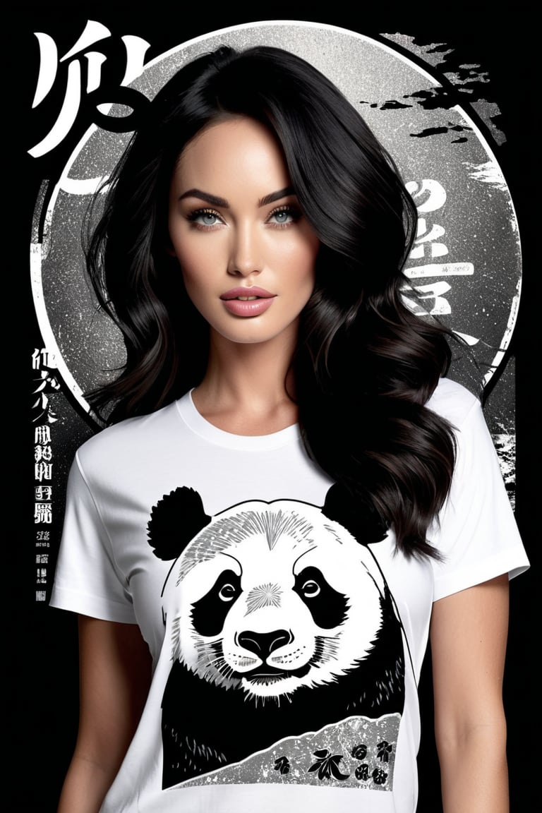 Megan Fox posing against a black background, wearing a vintage-inspired t-shirt print featuring intricate retro-typography surrounding a sumi-e ink illustration of a panda. The panda is delicately rendered in gray and white tones, its fur textured and dimensional. The typography adds a touch of elegance, with Japanese calligraphy elements woven throughout the design. Megan Fox's features are sharp and striking as she gazes directly at the camera, her dark hair styled in loose waves framing her face.