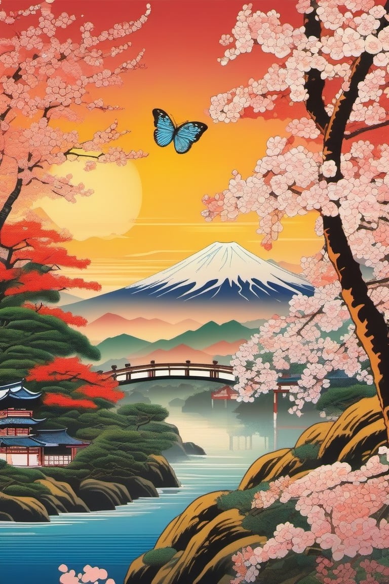 Detailed ukiyo-e of a butterfly garden, Cherry blossom, epic light ,Ukiyo-e, colorful