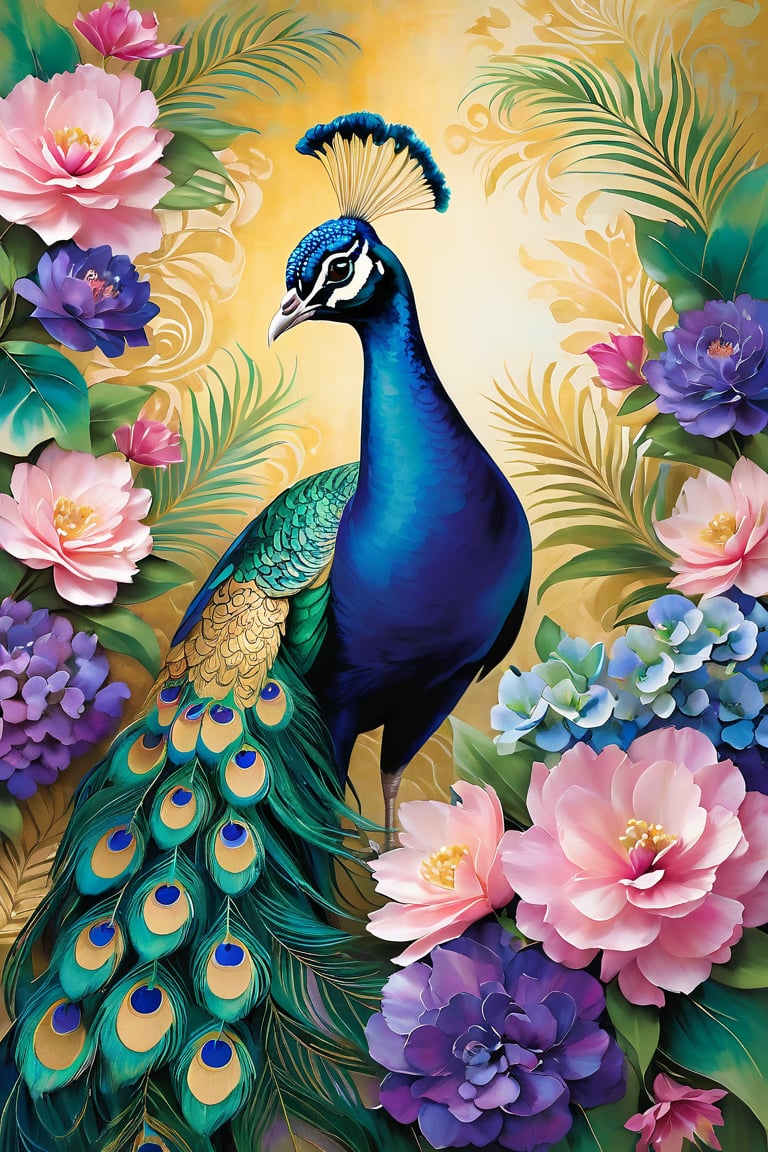 Vibrant peacock centerpiece amidst lush floral arrangements, soft pink petals unfurling from delicate stems, intertwined with wispy blue and purple blooms under warm golden sunlight. The bird's emerald eyes gleam like polished jade, iridescent blues and greens shimmering across its plumage against a richly textured, hand-painted batik-inspired background reminiscent of David Galchutt's signature style.