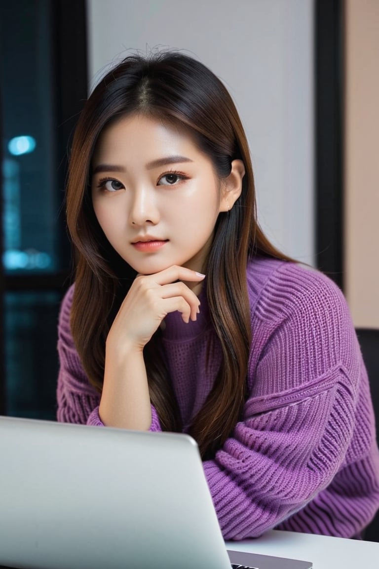 Korean lady, 23 years old, beautiful,  using a laptop. desktop lam, hot coffee, mid night. studio the screen show the visual studio code. she turn her head to the back to watch the viewer. wide screen covers everything 