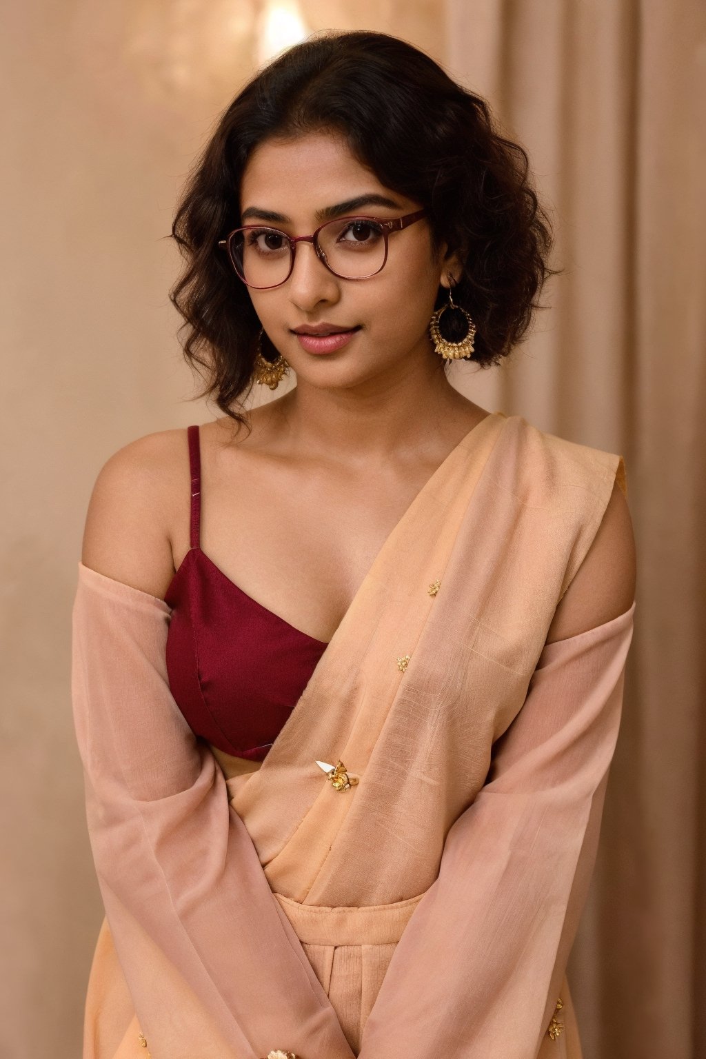 In the positive prompt, the image depicts a young teenage girl with a short height and shoulder-length hair. She wears a maroon saree and small earrings, adding an elegant touch. Holding a guitar, she exudes a sense of passion and creativity. The theme is fashion-forward, with soothing tones and muted colors, enhancing the overall aesthetic. Her Mallu curly hair frames her face beautifully, while her study glasses add an intellectual flair. Despite her lowered head, she maintains a confident gaze towards the camera, capturing the viewer's attention with her charisma and charm. The image's high contrast and soft lighting accentuate her natural skin texture, creating a hyperrealistic portrayal that is both captivating and relatable.