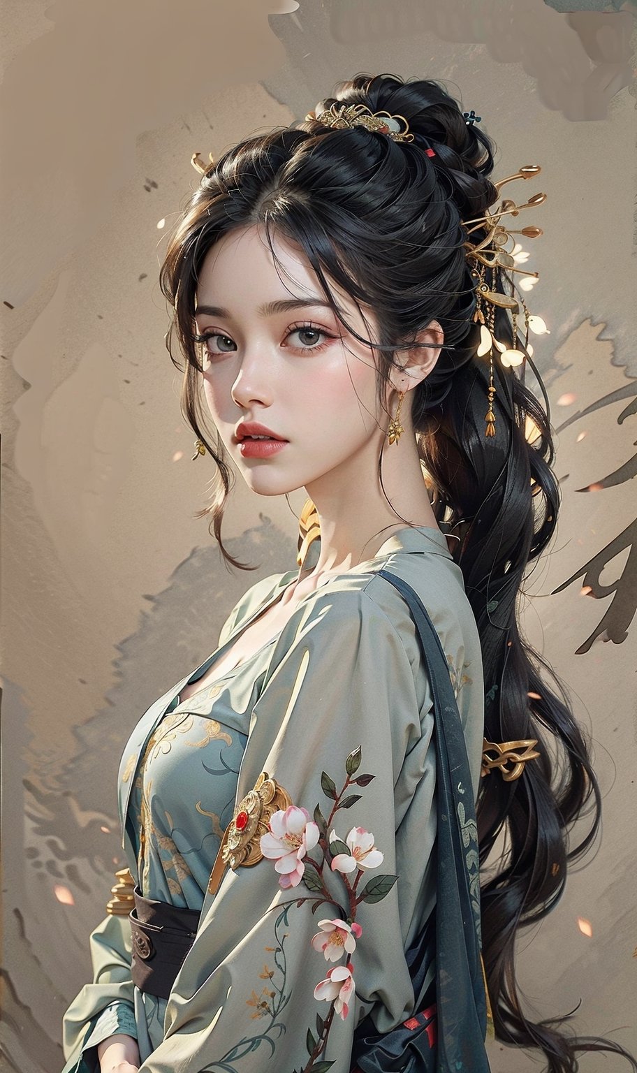 Natural Light, (Best Quality, highly detailed, Masterpiece:1.2), 16k, depth of field, ((wide shot)), 1girl A lady with long black hair, Full body picture,Tang Dynasty Clothing, dark green silk thread, Transparent watercolor, splash ink rendering, chaos rendering, (beautiful and detailed eyes), (realistic detailed skin texture), (detailed hair), (realistic light and shadow), (clean outline, sketch style line art),ink splash,solid color background