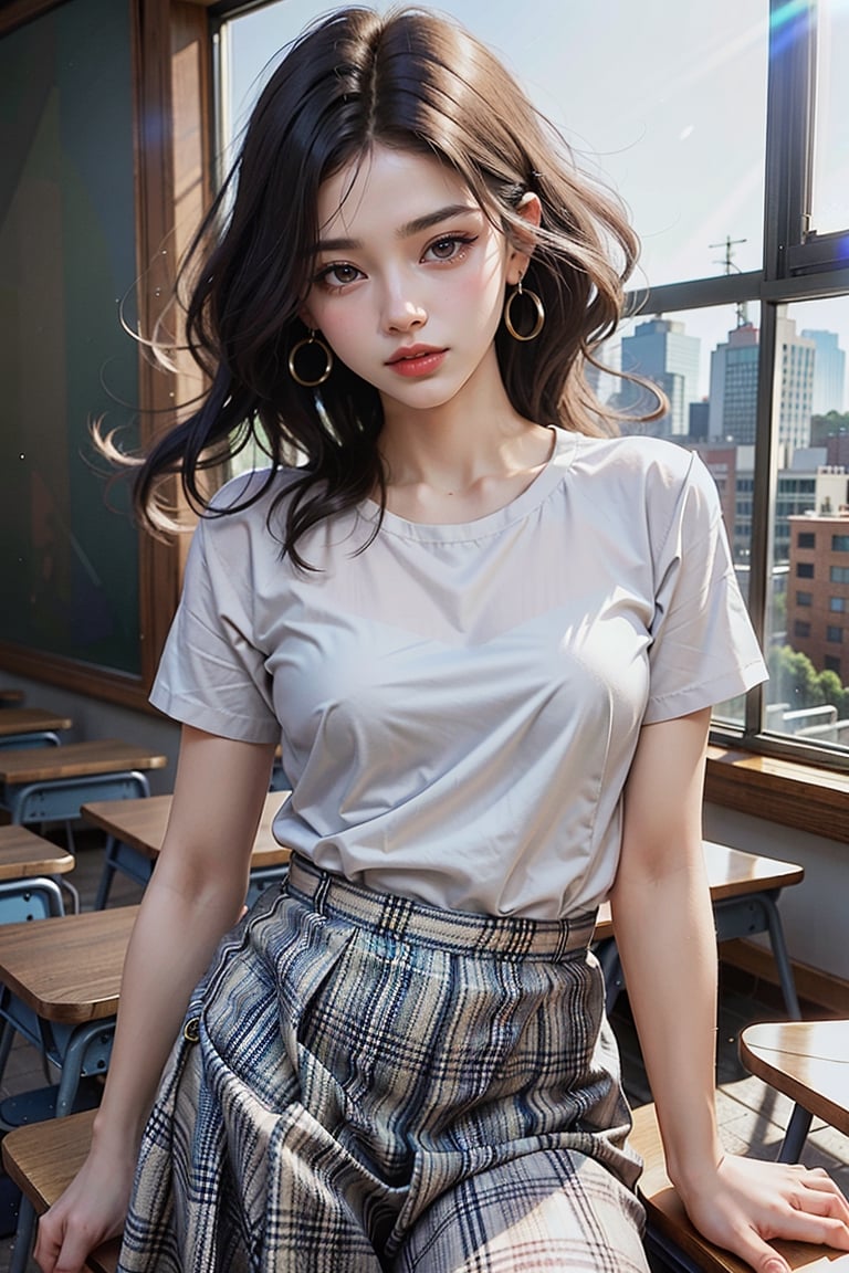 (1girl, teacher, white shirt, plaid tiered skirt, in classroom, beautiful small hands, photo of perfecteyes eyes, sexy pose), masterpiece, best quality, high resolution, UHD, realism, realistic, depth of field, wide view, raytraced, full length body, mystical, luminous, translucent, beautiful, stunning, a mythical being exuding energy, textures, breathtaking beauty, pure perfection, with a divine presence, unforgettable, and impressive.