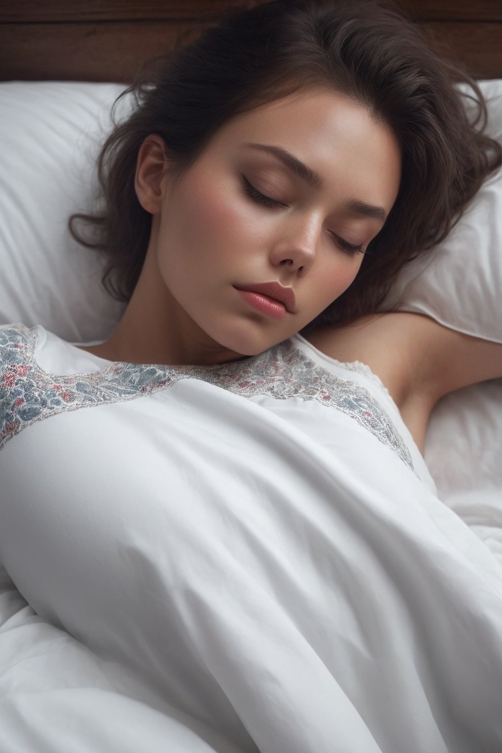 (1girl, eyes closed, sleep, laying on bed, cover herself with quilt, big white bed, no light in background), (face close-up, focus ob face), masterpiece, UHD, realism, realistic, depth of field, raytraced, medium breast, mystical, luminous, high resolution, sharp details, translucent, beautiful, stunning, a mythical being exuding energy, textures, breathtaking beauty, pure perfection, with a divine presence, unforgettable, and impressive.
