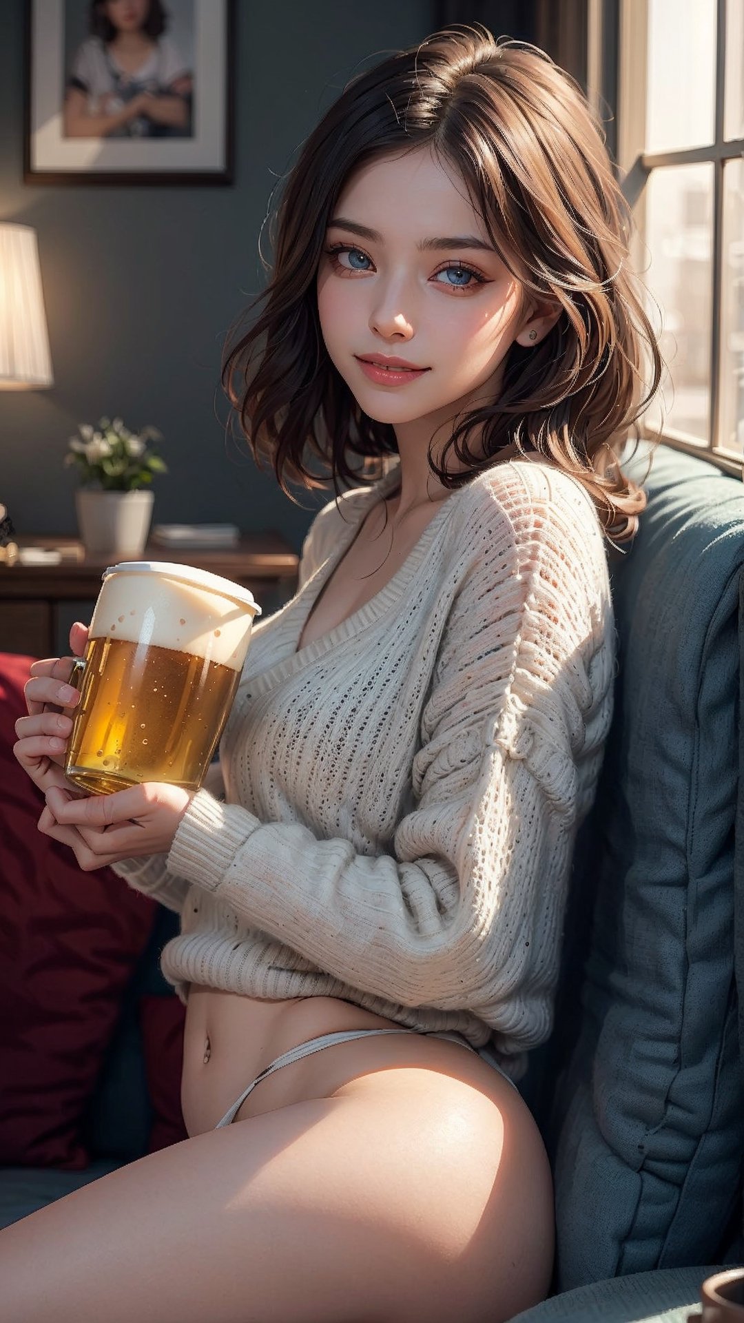 (1girl, drunk and sleeping on sofa, booty short, oversize sweater, medium breast, photo of perfecteyes eyes, alluring smile, beautiful small hands, holding a cup of beer, soft light in background), masterpiece, best quality, high resolution, UHD, realism, realistic, depth of field, wide view, raytraced, full length body, mystical, luminous, translucent, beautiful, stunning, a mythical being exuding energy, textures, breathtaking beauty, pure perfection, with a divine presence, unforgettable, and impressive.