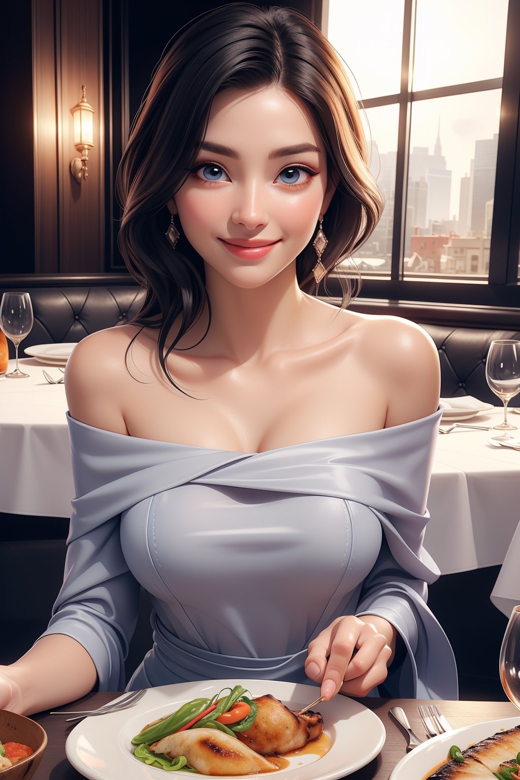 (1girl, off shoulder dinner dress, photo of perfecteyes eyes, alluring smile, attractive pose, look at viewer, high-class restaurant, dinner table, soft light in background), masterpiece, best quality, high resolution, UHD, realism, realistic, depth of field, wide view, raytraced, medium breast, belly button, full length body, mystical, luminous, translucent, beautiful, stunning, a mythical being exuding energy, textures, breathtaking beauty, pure perfection, with a divine presence, unforgettable, and impressive.