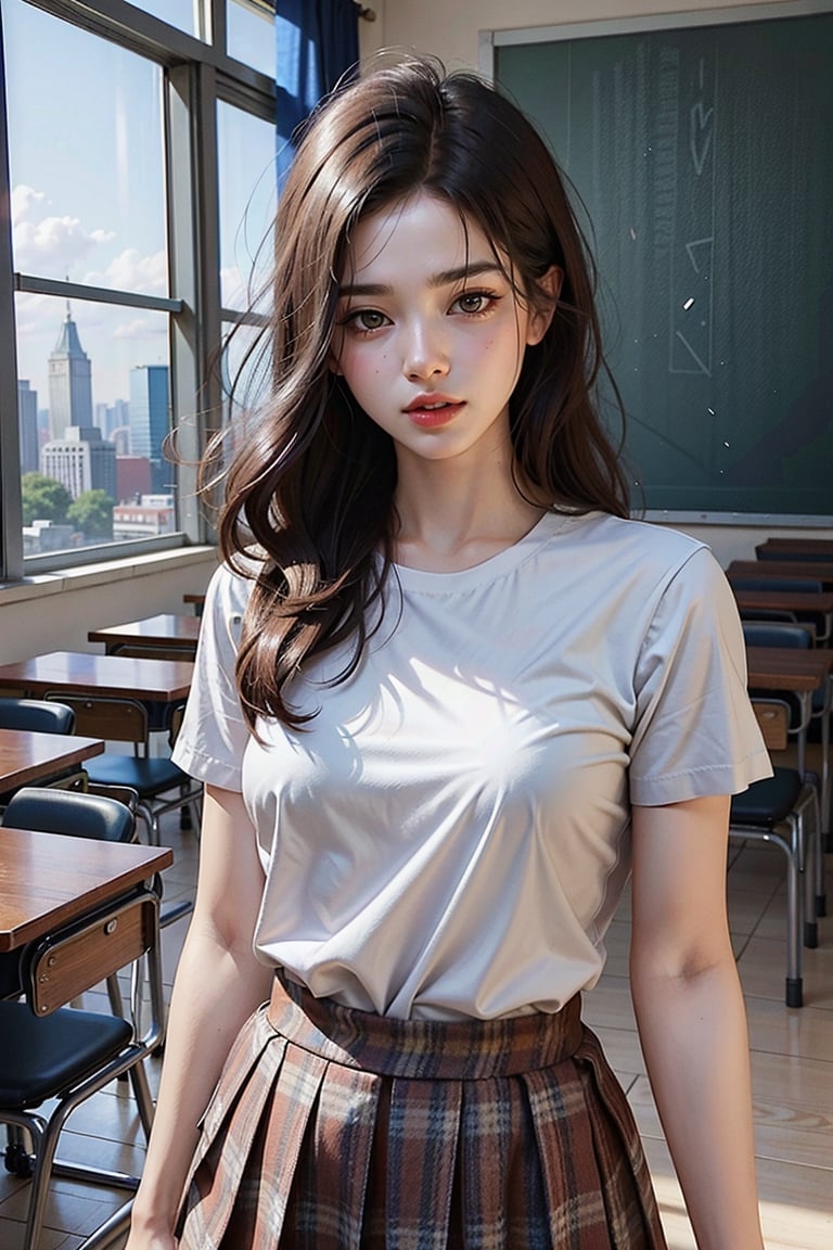 (1girl, teacher, white shirt, plaid tiered skirt, in classroom, beautiful small hands, photo of perfecteyes eyes, sexy pose), masterpiece, best quality, high resolution, UHD, realism, realistic, depth of field, wide view, raytraced, full length body, mystical, luminous, translucent, beautiful, stunning, a mythical being exuding energy, textures, breathtaking beauty, pure perfection, with a divine presence, unforgettable, and impressive.