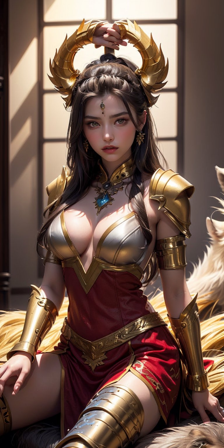 (A red and gold image of a young girl as a warrior woman, dressed in fine armor, with a large gray wolf next to her with it's head nestled on the girl's lap, in the background of an oriental-style scene), masterpiece, HDR, depth of field, wide view, bright background, raytraced, full length body, unreal, mystical, luminous, surreal, high resolution, sharp details, with a dreamy glow, translucent, beautiful, stunning, a mythical being exuding energy, textures, breathtaking beauty, pure perfection, with a divine presence, unforgettable, and impressive.