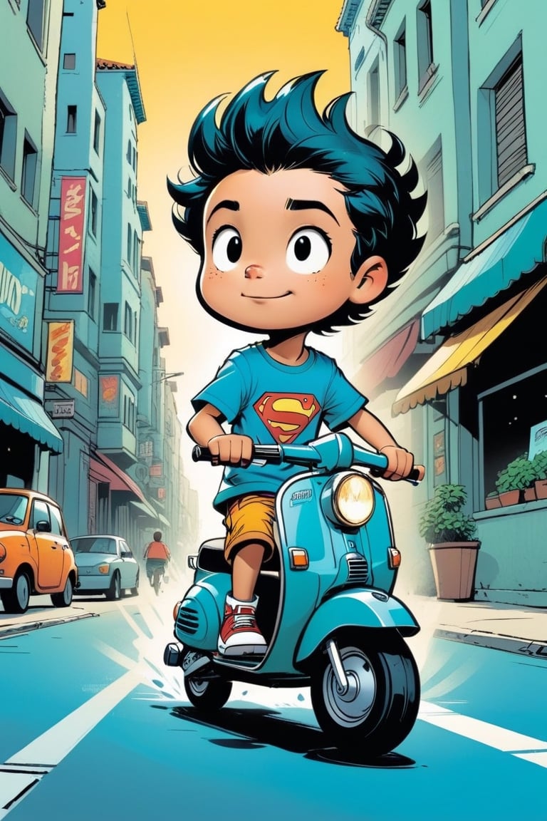 1boy riding scooter in city center , modern comic book illustration, graphic illustration, comic art, graphic novel art, vibrant, highly detailed, in the style of lanfeust of troy, art by Skottie Young,T-shirt design