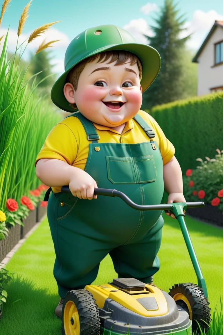 3D Stylized render of 1boy,  an obese gardener  wearing  Green and yellow uniform ,  and a hat , pushing the grass cutter machines in his garden  into viewer , looking at viewer, happy expression,  dramatic lighting , day light  ambient,  first-person view 