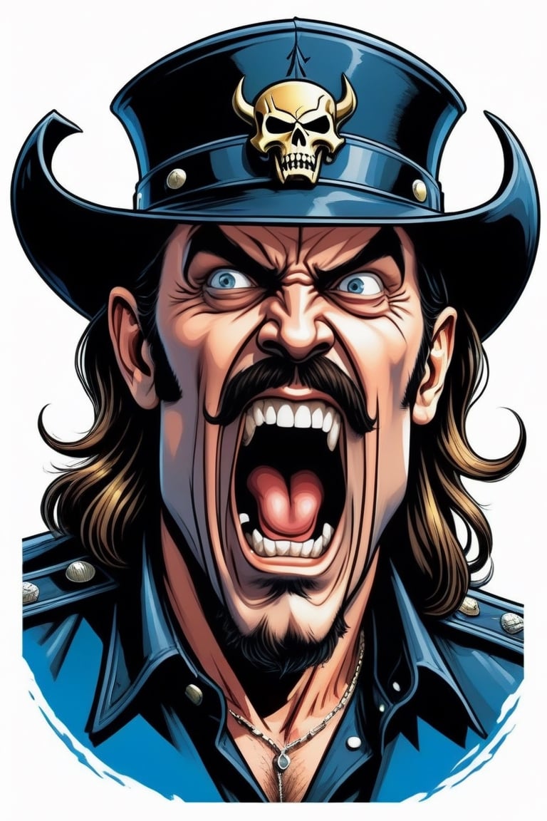 Leonardo Style ,Stylized Male Lemmy Motorhead screaming , looking at viewer,  cell shade art style,comic book , insane resolution , white solid background