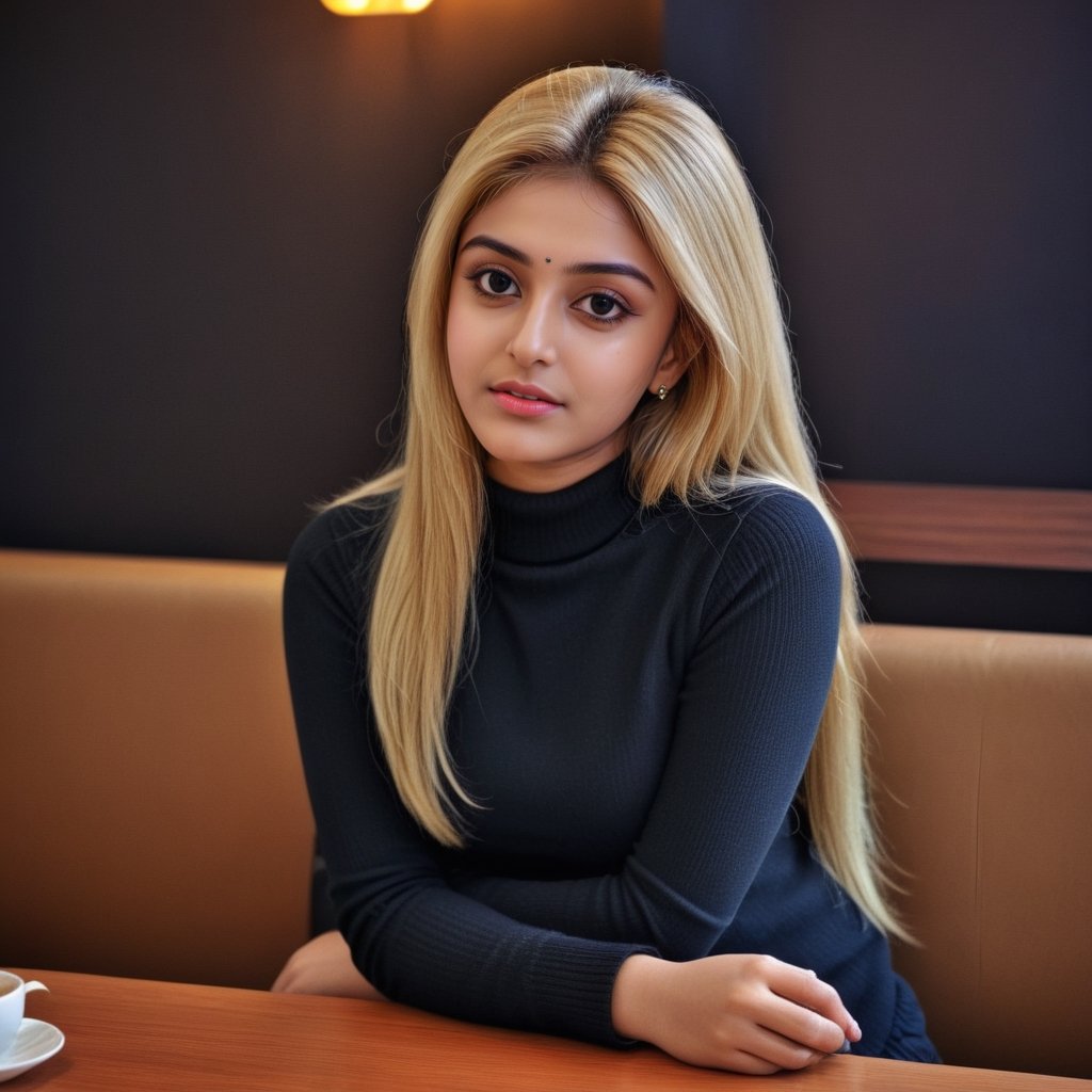 lovely cute young attractive indian teenage girl in a black crop to p. 23 years old, cute, an Instagram model, long blonde hair, 
color ful hair, winter, sitting in a coffee shop, Indian
,<lora:659095807385103906:1.0>