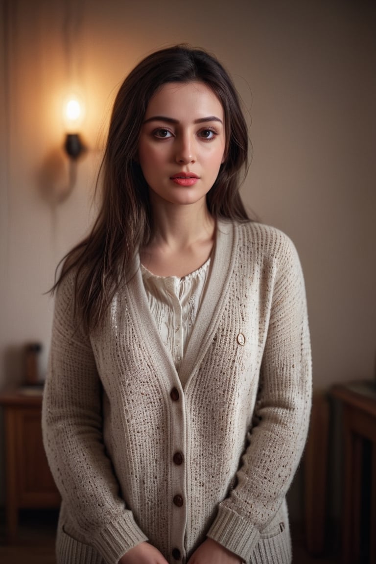 Super-Realistic potrait of Nataliya Aleksandrov standing in her house, worn a detailed texture cardigan, Cinematic lighting, accent lighting, 35mm lens, beautiful,<lora:659095807385103906:1.0>