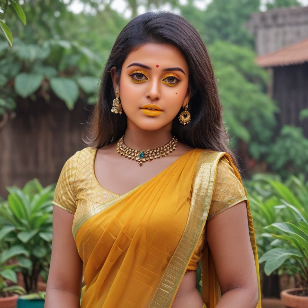 cherry lips,  beautiful face,  jewellery,  good jawline,  curvy figure,  Instagram model, YELLOW HALF SAREE with an animated top. makeup, 23 year young,Indian, SOUTH Indian walking in a vibrant Street Market garden background,  glowing face,  bindi,  princess,  slim nose
,<lora:659095807385103906:1.0>