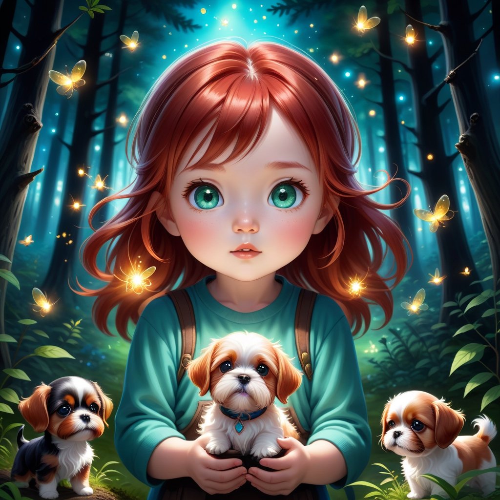 Generate something that reminds you of magical children's stories. Magical forest with sparkling fireflies, magic lanterns hanging in the trees, Adorable chib girl fascinating face, big bright blue-green eyes, bright red hair, her little brother with brown hair and eyes and their little black lhasa apso puppy looking for the way to House. realistic landscape, sharp focus. Realistic landscape, sharp focus