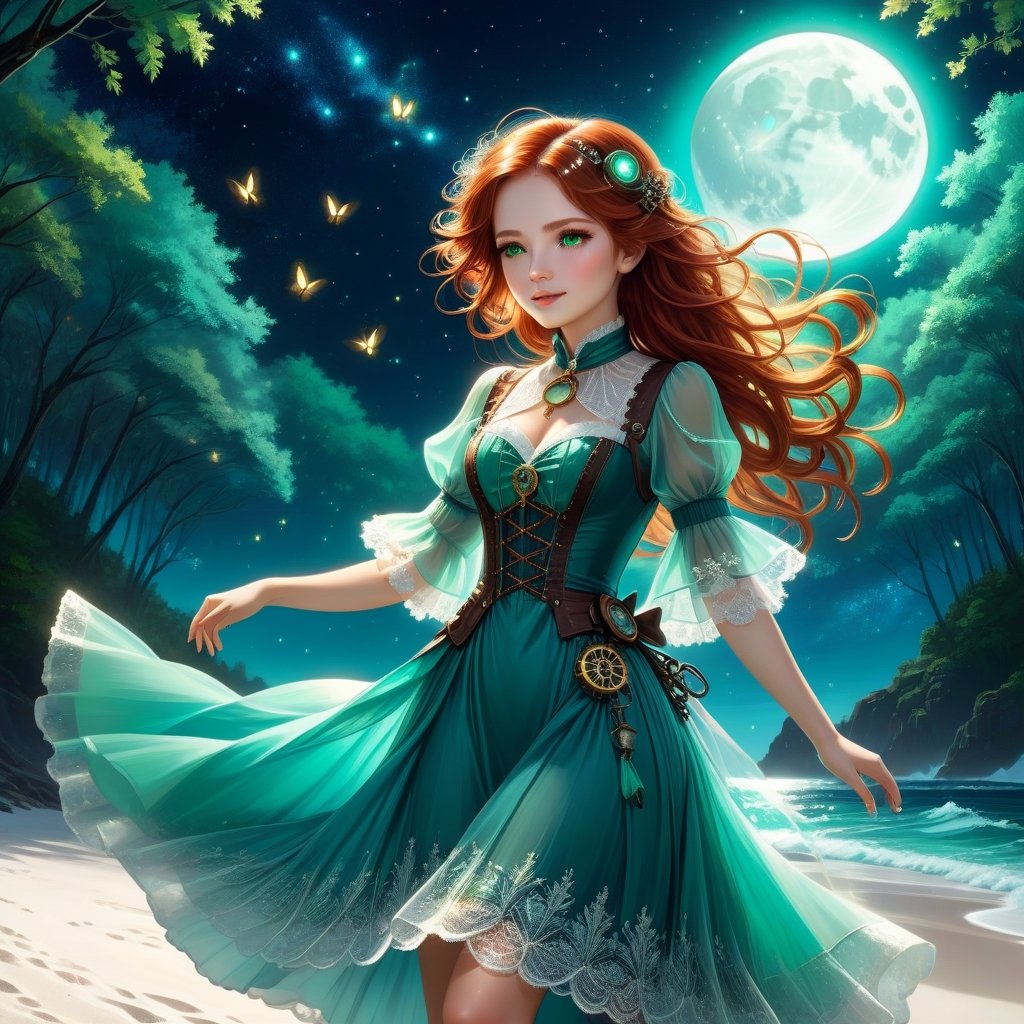 Deep blue-green and bioluminescent raging sea, magnificent landscape abstraction, which advances kissing the edge of the magical forest of large, centuries-old green trees, with sparkling fireflies, The moon shines brightly on the horizon, Lovely girl Steampunk girl abstraction,, chib , fascinating face, big shining brown eyes, light red hair luminescent from the moonbeams, long white and silver lace dress, dances on the white sand of the beach, between the sea and the forest. dynamic lighting, murmurs of fireflies, luminescent golden lines, sunny day background, concept art Intricate motifs in 8K, intricate filigree, sunny day background, Lou Xaz