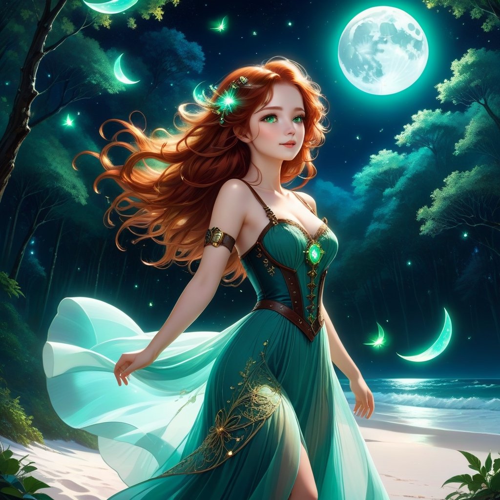 Deep blue-green and bioluminescent raging sea, magnificent landscape abstraction, which advances kissing the edge of the magical forest of large, centuries-old green trees, with sparkling fireflies, The moon shines brightly on the horizon, Lovely chib girl, Steampunk girl abstraction , fascinating face, big shining brown eyes, light red hair luminescent from the moonbeams, long white voile dress, dances on the white sand of the beach, between the sea and the forest. dynamic lighting, murmurs of fireflies, luminescent golden lines, sunny day background, concept art Intricate motifs in 8K, intricate filigree, sunny day background, Lou Xaz