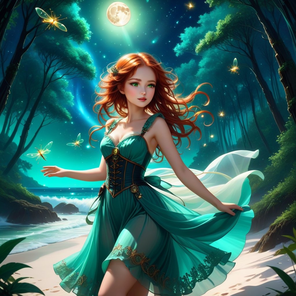 Deep blue-green and bioluminescent raging sea, magnificent landscape abstraction, which advances kissing the edge of the magical forest of large, centuries-old green trees, with sparkling fireflies, The moon shines brightly on the horizon, Lovely chib, girl, Steampunk girl abstraction , fascinating face, big shining brown eyes, light red hair luminescent from the moonbeams, white voile dress, dances on the white sand of the beach, between the sea and the forest. dynamic lighting, murmurs of fireflies, luminescent golden lines, sunny day background, concept art Intricate motifs in 8K, intricate filigree, sunny day background, Lou Xaz