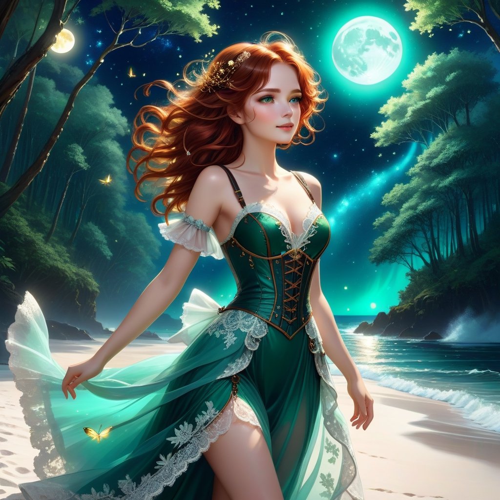 Deep blue-green and bioluminescent raging sea, magnificent landscape abstraction, which advances kissing the edge of the magical forest of large, centuries-old green trees, with sparkling fireflies, The moon shines brightly on the horizon, Lovely girl Steampunk girl abstraction,, chib , fascinating face, big shining brown eyes, light red hair luminescent from the moonbeams, long white and silver lace dress, dances on the white sand of the beach, between the sea and the forest. dynamic lighting, murmurs of fireflies, luminescent golden lines, sunny day background, concept art Intricate motifs in 8K, intricate filigree, sunny day background, Lou Xaz