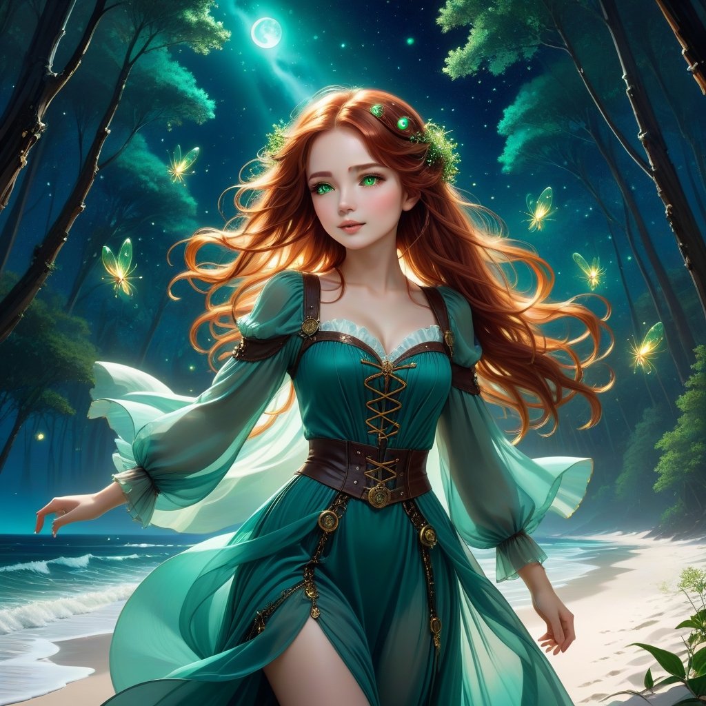 Deep blue-green and bioluminescent raging sea, magnificent landscape abstraction, which advances kissing the edge of the magical forest of large, centuries-old green trees, with sparkling fireflies, The moon shines brightly on the horizon, Lovely chib girl, Steampunk girl abstraction , fascinating face, big shining brown eyes, light red hair luminescent from the moonbeams, long white voile dress, dances on the white sand of the beach, between the sea and the forest. dynamic lighting, murmurs of fireflies, luminescent golden lines, sunny day background, concept art Intricate motifs in 8K, intricate filigree, sunny day background, Lou Xaz