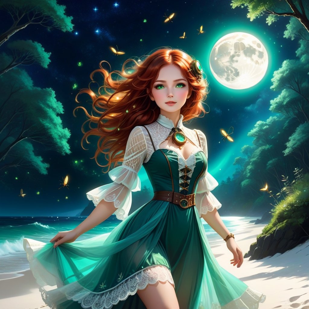 Deep blue-green and bioluminescent raging sea, magnificent landscape abstraction, which advances kissing the edge of the magical forest of large, centuries-old green trees, with sparkling fireflies, The moon shines brightly on the horizon, Lovely girl Steampunk girl abstraction,, chib , fascinating face, big shining brown eyes, light red hair luminescent from the moonbeams, long white lace dress, dances on the white sand of the beach, between the sea and the forest. dynamic lighting, murmurs of fireflies, luminescent golden lines, sunny day background, concept art Intricate motifs in 8K, intricate filigree, sunny day background, Lou Xaz